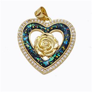 Copper Heart Pendant Micropave Zirconia Multicolor Fire Opal Flower 18K Gold Plated, approx 22mm