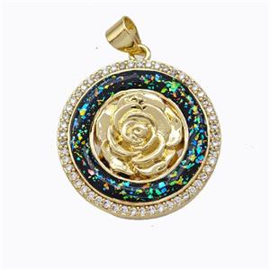 Copper Flower Pendant Micropave Zirconia Multicolor Fire Opal Circle 18K Gold Plated, approx 22mm