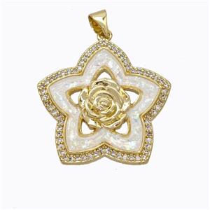 Copper Flower Pendant Micropave Zirconia White Fire Opal 18K Gold Plated, approx 25mm