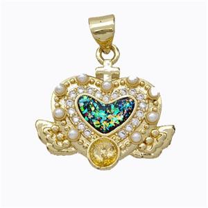 Copper Heart Pendant Micropave Zirconia Multicolor Fire Opal Angelwings 18K Gold Plated, approx 17-20mm