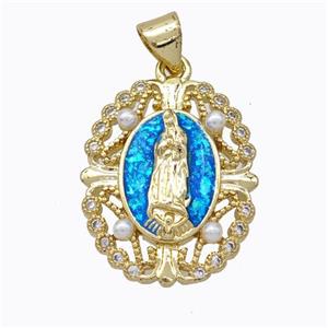 Virgin Mary Charms Copper Pendant Pave Blue Fire Opal 18K Gold Plated, approx 17-20mm