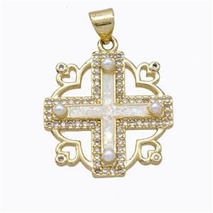 Copper Cross Pendant Pave White Fire Opal 18K Gold Plated, approx 20mm