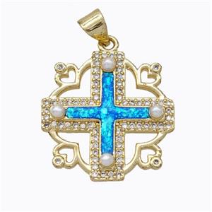 Copper Cross Pendant Pave Blue Fire Opal 18K Gold Plated, approx 20mm