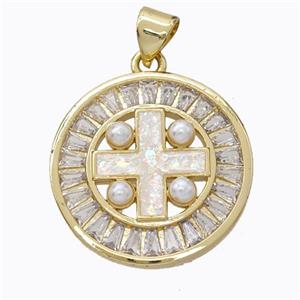 Copper Cross Pendant Pave Zirconia White Fire Opal Circle 18K Gold Plated, approx 21mm