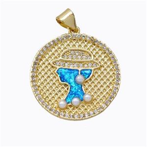 Beauty Charms Copper Circle Pendant Pave Zirconia Fire Opal 18K Gold Plated, approx 22mm