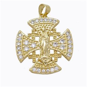 Copper Cross Pendant Pave Zirconia Virgin Mary Gold Plated, approx 24mm