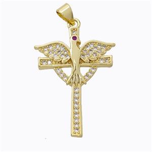 Copper Cross Pendant Pave Zirconia Birds Gold Plated, approx 22-30mm