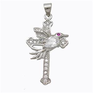 Copper Cross Pendant Pave Zirconia Birds Platinum Plated, approx 20-30mm