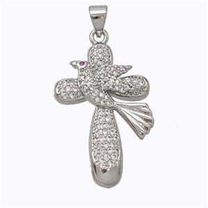 Copper Cross Pendant Pave Zirconia Birds Platinum Plated, approx 20-29mm