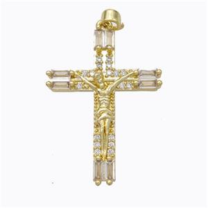 Copper Cross Pendant Pave Zirconia Jesus Gold Plated, approx 24-32mm