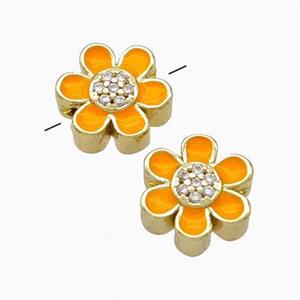 Copper Flower Beads Micropave Zirconia Orange Enamel Gold Plated, approx 10mm