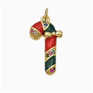 Christmas Candy Cane Charms Copper Pendant Pave Zirconia Red Enamel Gold Plated, approx 10-17mm