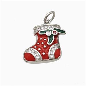 Christmas Stocking Charms Copper Pendant Pave Zirconia Red Enamel Platinum Plated, approx 12-15mm