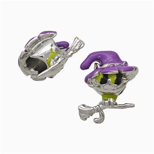 Halloween Witch Charms Copper Beads Broom Purple Enamel Large Hole Platinum Plated, approx 11-15mm, 4mm hole