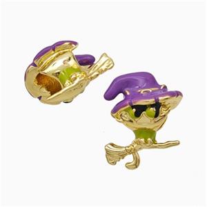 Halloween Witch Charms Copper Beads Broom Purple Enamel Large Hole Gold Plated, approx 11-15mm, 4mm hole