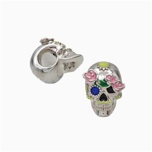 Halloween Skull Charms Copper Beads Pave Zirconia Enamel Large Hole Platinum Plated, approx 9-12mm, 4mm hole