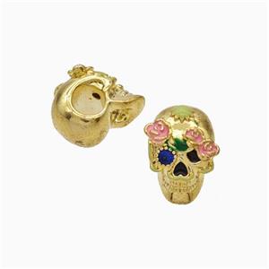 Halloween Skull Charms Copper Beads Pave Zirconia Enamel Large Hole Gold Plated, approx 9-12mm, 4mm hole