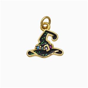 Halloween Hat Charms Copper Pendant Pave Zirconia Black Enamel Gold Plated, approx 8-11mm