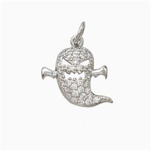 Halloween Ghost Charms Copper Pendant Pave Zirconia Platinum Plated, approx 13mm