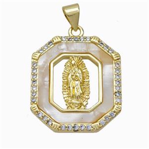 Jesus Charms Copper Pendant Pave Shell Zirconia Rectangle Gold Plated, approx 20mm