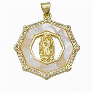 Jesus Charms Copper Pendant Pave Shell Zirconia Octagon Gold Plated, approx 26mm