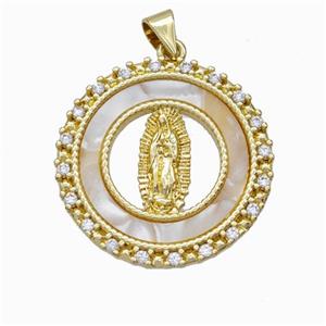 Jesus Charms Copper Pendant Pave Shell Zirconia Circle Gold Plated, approx 25mm