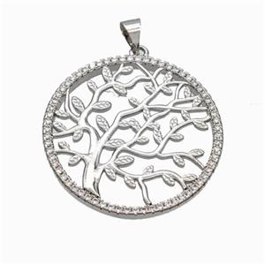 Copper Tree Pendant Micropave Zirconia Platinum Plated, approx 30mm