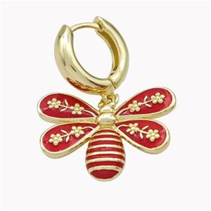 Copper Hoop Earrings With Honeybee Red Enamel Gold Plated, approx 18-25mm, 15mm dia