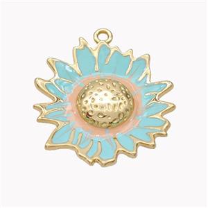 Copper Sunflower Pendant Blue Enamel Gold Plated, approx 25-27mm