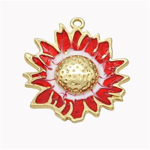 Copper Sunflower Pendant Red Enamel Gold Plated, approx 25-27mm