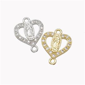 Virgin Mary Charms Copper Heart Connector Pave Zirconia Mixed, approx 12mm