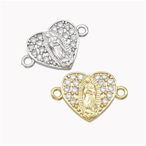 Virgin Mary Charms Copper Heart Connector Pave Zirconia Mixed, approx 13mm