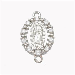 Virgin Mary Charms Copper Oval Connector Pave Zirconia Platinum Plated, approx 12.5-15mm