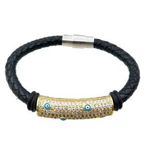 PU leather cord bracelets with magnetic clasp, copper tube beads pave zircon, evil eye, approx 6mm, 70mm dia