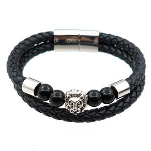 PU leather bracelet with magnetic clasp, stainless steel lion beads, approx 12mm, 70mm dia