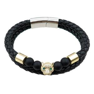 PU leather bracelet with magnetic clasp, copper leopard beads pave zircon, approx 12mm, 70mm dia