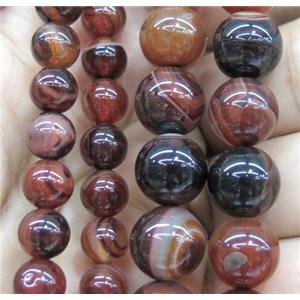 red coffee striped agate bead, round, approx 10mm dia
