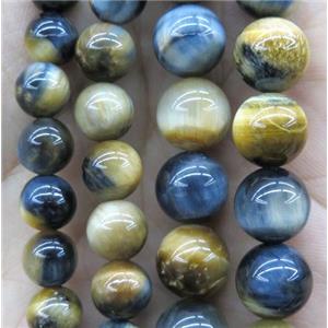 round fancy tiger eye stone beads, gold and blue, approx 6mm dia