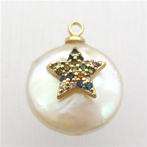 Natural pearl pendant with zircon, star, approx 10-14mm dia
