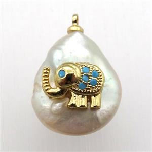 Natural pearl pendant with zircon, elephant, approx 10-18mm