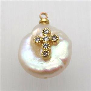 Natural pearl pendant with zircon, cross, approx 10-16mm
