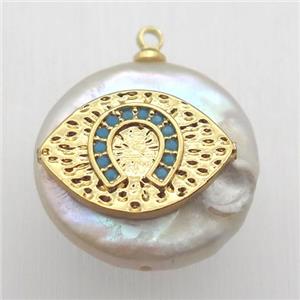 Natural pearl pendant with zircon, eye, approx 18mm dia