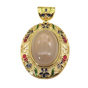 copper Oval pendant with agate, enamel, gold plated, approx 18-25mm, 33-40mm, 6mm holle
