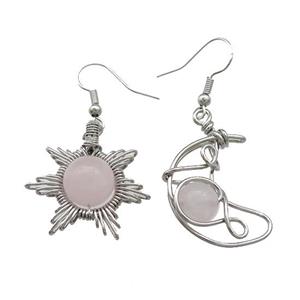 Copper Hook Earring Star Moon With Rose Quartz Wire Wrapped Platinum Plated, approx 8mm, 10mm, 25mm