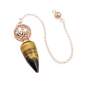 Natural Tiger Eye Stone Dowsing Pendulum Pendant With Copper Hollow Ball Chain Rose Gold, approx 15-30mm, 18mm, 16cm length