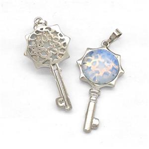 Alloy Key Charms Pendant Pave White Opalite Platinum Plated, approx 16mm, 20-40mm