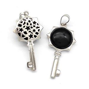 Alloy Key Charms Pendant Pave Black Obsidian Platinum Plated, approx 16mm, 20-40mm