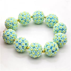 Resin Round Beads Pave Rhinestone Flower Mint Green, approx 22mm dia