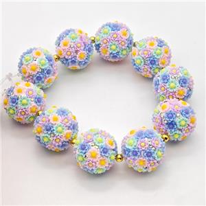 Resin Round Beads Pave Rhinestone Flower Multicolor, approx 22mm dia