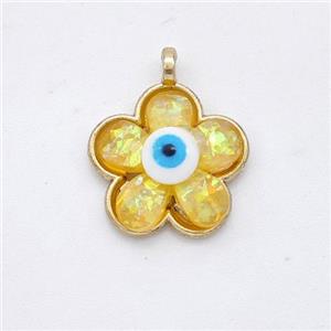 Copper Flower Pendant Pave Yellow Fire Opal Eye Gold Plated, approx 15mm